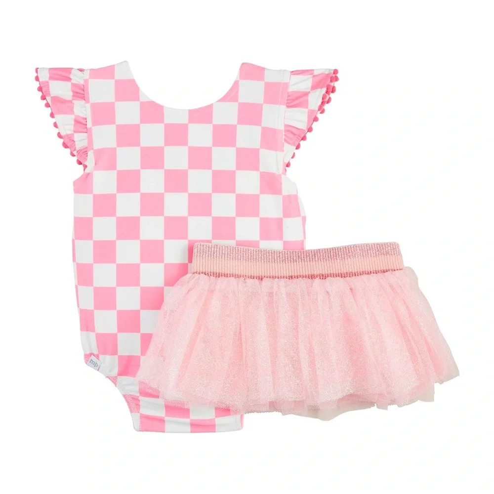 Mud Pie Toddler Girl Reversible Checkerboard Floral Tutu Swimsuit 2T 3T 4T 5T